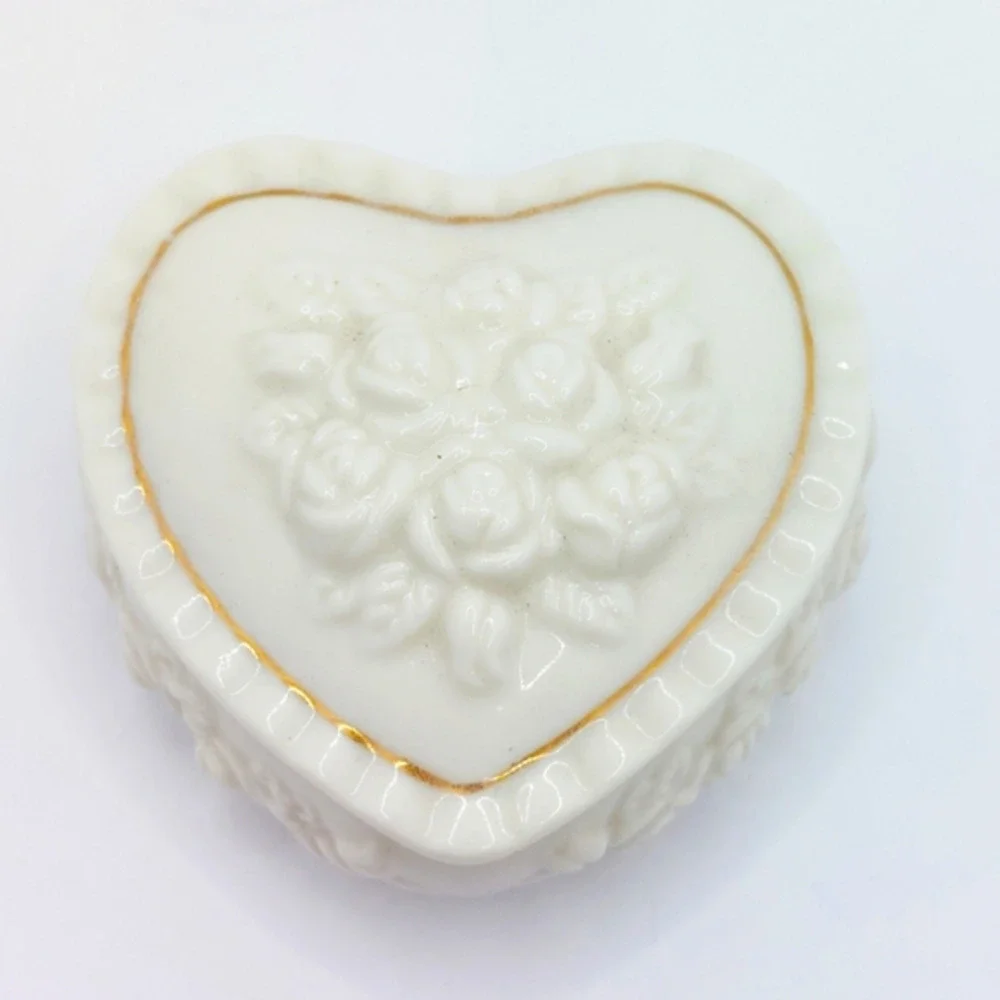 Vintage White Porcelain Heart Shaped Trinket Box Rose Floral Design Gold Trim